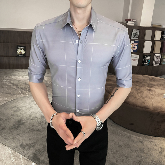 British Style Summer Office Shirts for Men Fashion Half Sleeve Men Plaid Shirts Slim Fit Business Formal Wear Blouse Men