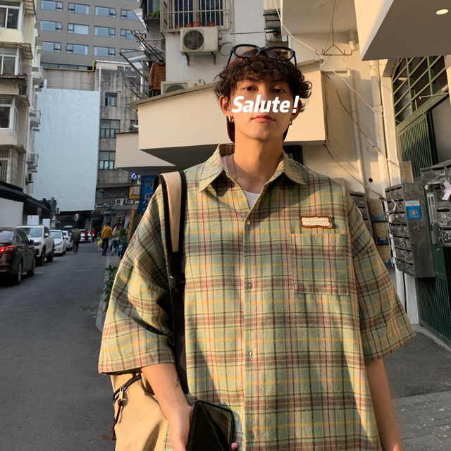 Korean Hip Hop Fashion Plus Size Plaid Short Sleeve Shirt Summer Streetwear Couple Clothes Oversized Coat Harajuku