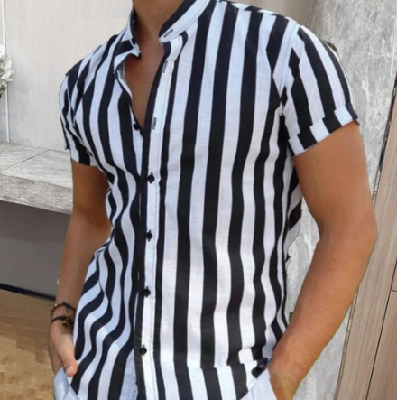 Summer Stripes Shirt Stylish Short Sleeve All-match Stand Collar Men Cardigan Outdoor Casual Shirts рубашка chemise homme
