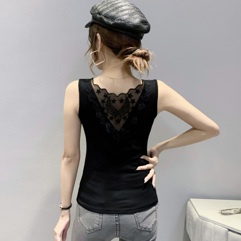 Black Tank Top Women With Rivet Sexy Party Tops Summer Sleeveless Tops Backless Spliced Gauze Crop Top Women Slim