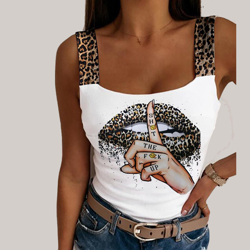 1pc Women's Sexy Tank Tops Summer Leopard Lips Print Sleeveless Crop Vest Female Fashion Party Streetwear Bustier Tops