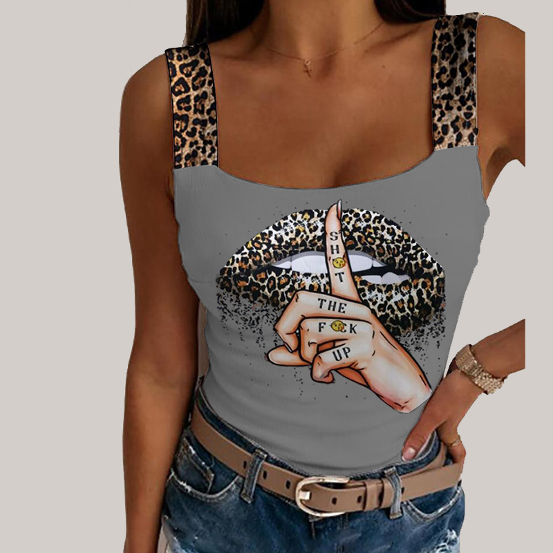 1pc Women's Sexy Tank Tops Summer Leopard Lips Print Sleeveless Crop Vest Female Fashion Party Streetwear Bustier Tops