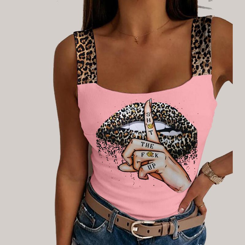 1pc Women's Sexy Tank Tops Summer Leopard Lips Print Sleeveless Crop Vest Female Fashion Party Streetwear Bustier Tops