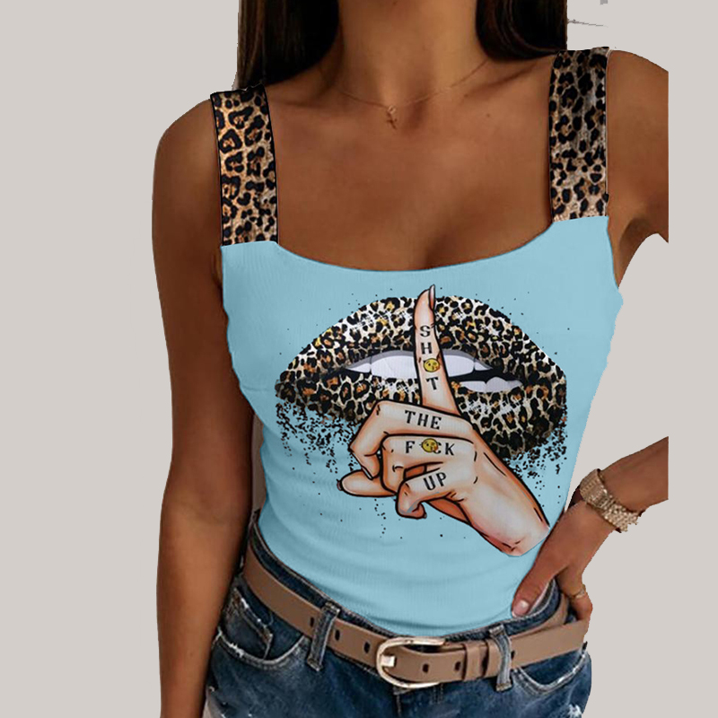 1pc Women's Sexy Tank Tops Summer Leopard Lips Print Sleeveless Crop Vest Female Fashion Party Streetwear Bustier Tops