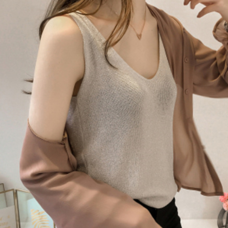 1pc Sexy V Neck Sleeveless Vest T Shirt  Sexy Knitted Top Tank Women Summer T Shirt Ladies Slim Strap Short Tops