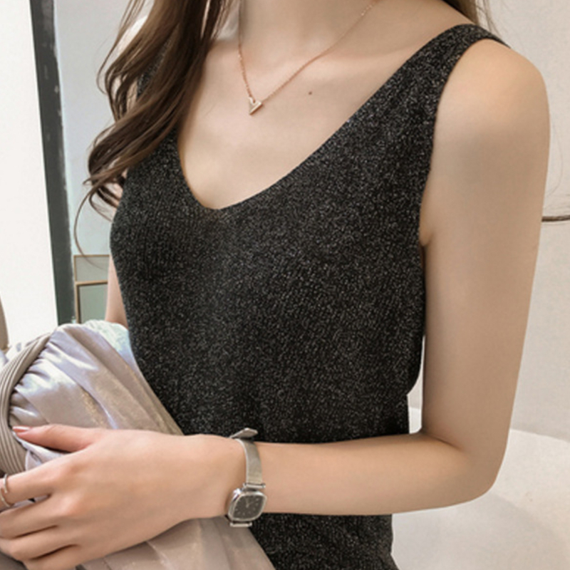1pc Sexy V Neck Sleeveless Vest T Shirt  Sexy Knitted Top Tank Women Summer T Shirt Ladies Slim Strap Short Tops