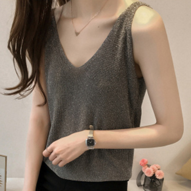 1pc Sexy V Neck Sleeveless Vest T Shirt  Sexy Knitted Top Tank Women Summer T Shirt Ladies Slim Strap Short Tops