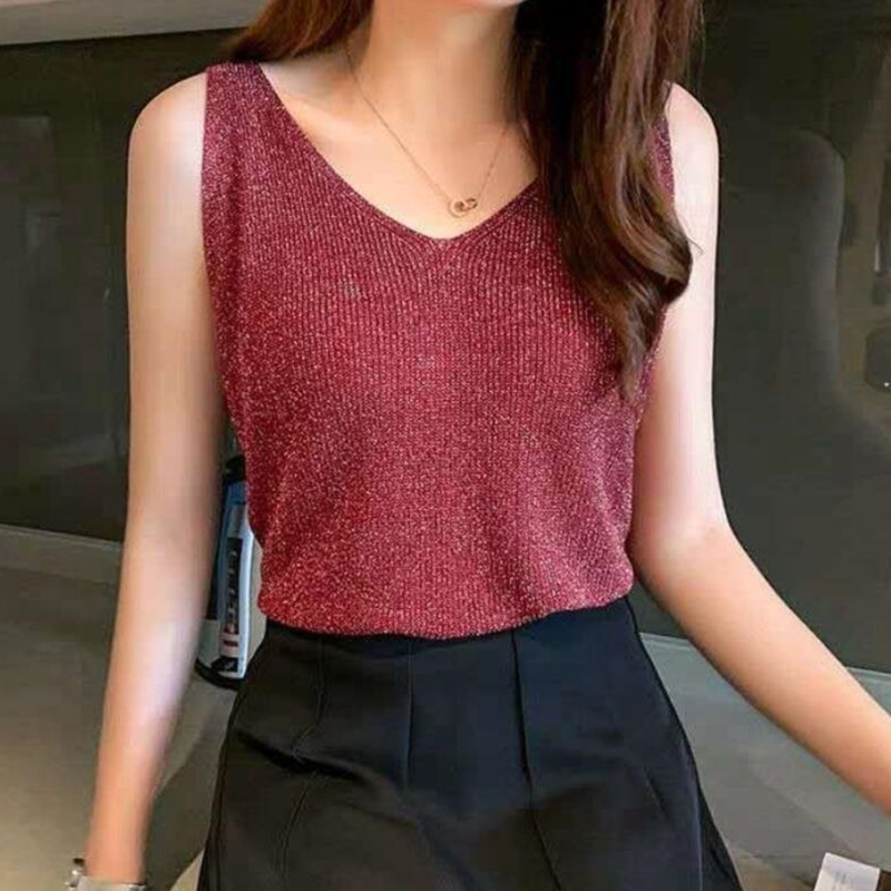 1pc Sexy V Neck Sleeveless Vest T Shirt  Sexy Knitted Top Tank Women Summer T Shirt Ladies Slim Strap Short Tops