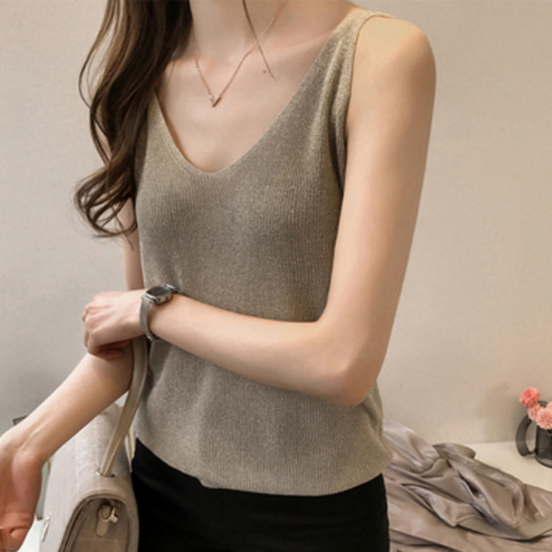1pc Sexy V Neck Sleeveless Vest T Shirt  Sexy Knitted Top Tank Women Summer T Shirt Ladies Slim Strap Short Tops