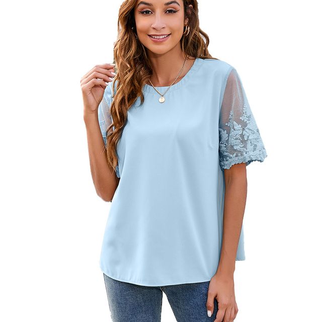 Chic Embroidered Women Blouses Elegant Floral Shirt 2022 Summer Short Sleeve Ladies Large Size