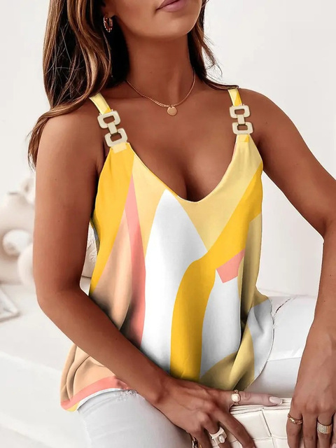 Vintage Print Loose Sling Blouse 2022 Women Sexy V Neck Sleeveless Pullover Summer Chain Straps Harajuku Vest Tops