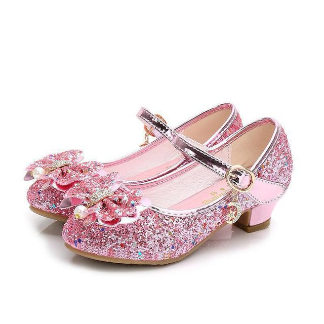 Princess Kids Leather Shoes For Girls Flower Casual Glitter Children High Heel Girls Shoes Butterfly Knot Blue Pink Silver Kids&Baby Shoes