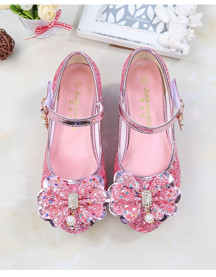 Princess Kids Leather Shoes For Girls Flower Casual Glitter Children High Heel Girls Shoes Butterfly Knot Blue Pink Silver Kids&Baby Shoes