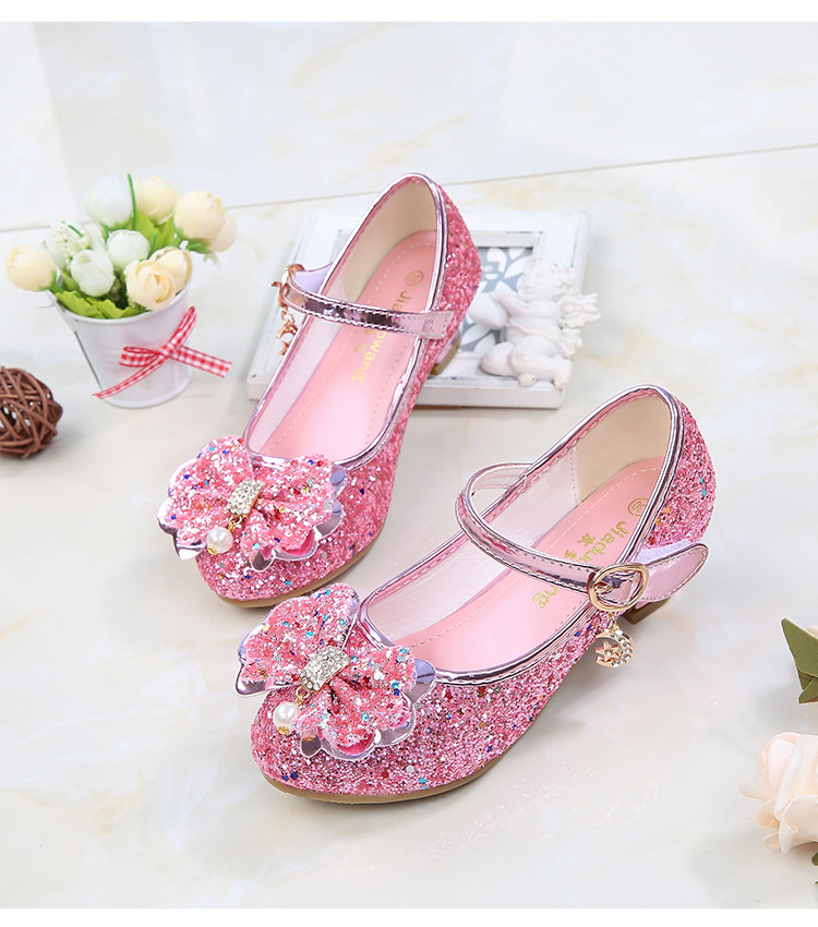 Princess Kids Leather Shoes For Girls Flower Casual Glitter Children High Heel Girls Shoes Butterfly Knot Blue Pink Silver Kids&Baby Shoes