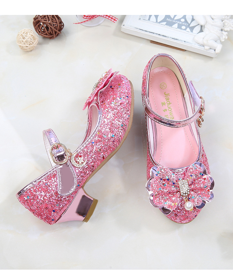 Princess Kids Leather Shoes For Girls Flower Casual Glitter Children High Heel Girls Shoes Butterfly Knot Blue Pink Silver Kids&Baby Shoes