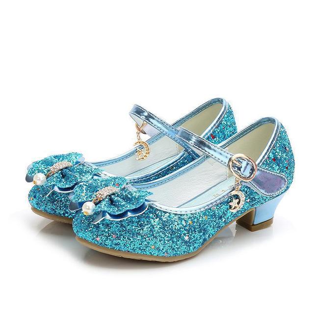 Princess Kids Leather Shoes For Girls Flower Casual Glitter Children High Heel Girls Shoes Butterfly Knot Blue Pink Silver Kids&Baby Shoes