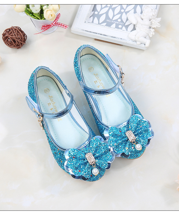 Princess Kids Leather Shoes For Girls Flower Casual Glitter Children High Heel Girls Shoes Butterfly Knot Blue Pink Silver Kids&Baby Shoes