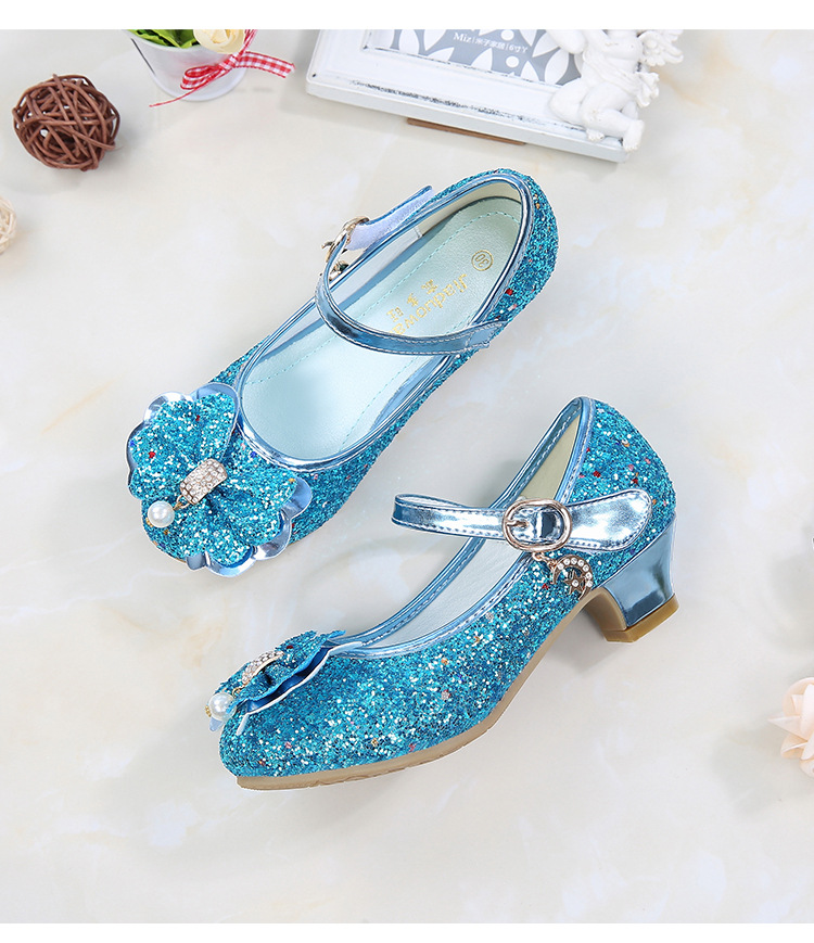 Princess Kids Leather Shoes For Girls Flower Casual Glitter Children High Heel Girls Shoes Butterfly Knot Blue Pink Silver Kids&Baby Shoes