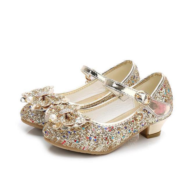 Princess Kids Leather Shoes For Girls Flower Casual Glitter Children High Heel Girls Shoes Butterfly Knot Blue Pink Silver Kids&Baby Shoes