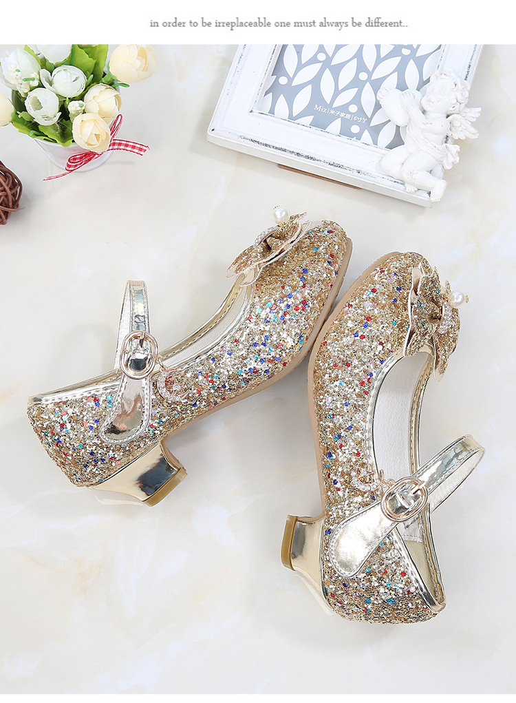 Princess Kids Leather Shoes For Girls Flower Casual Glitter Children High Heel Girls Shoes Butterfly Knot Blue Pink Silver Kids&Baby Shoes