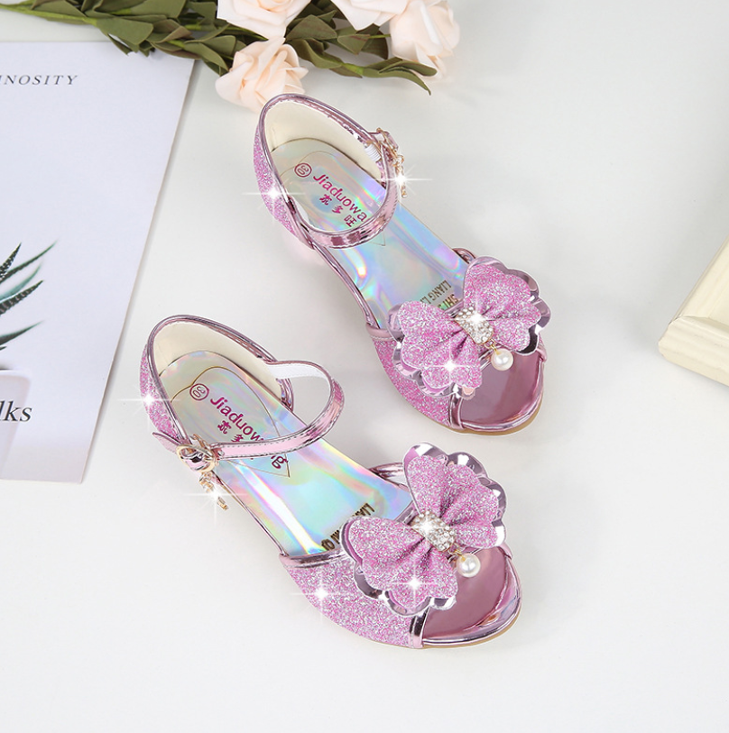 5 Colors Children Princess Sandals Kids Girls Wedding Shoes High Heels Dress Shoes Bowtie Gold Pink Blue Silver Shoes For Girls Sandals
