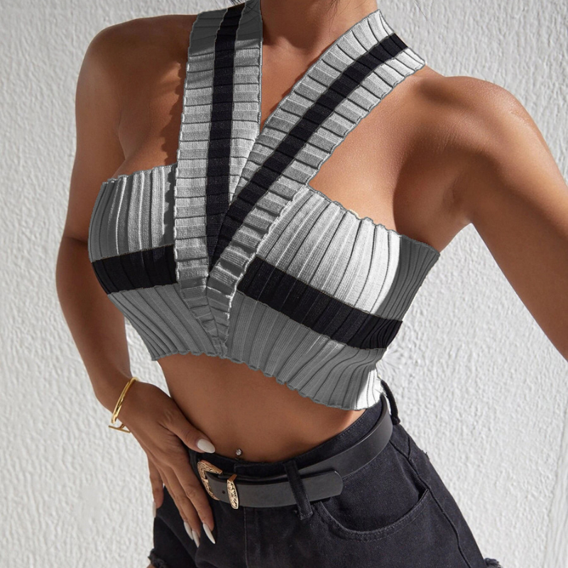 1PC Summer  Women Sexy Casual Colorblock Crisscross Backless Halter Knit Crop Tops Femme Slim Stretch Sleeveless