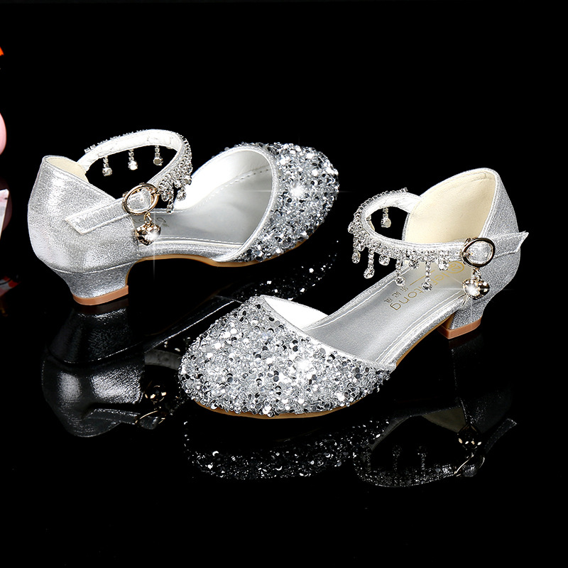 Girls Glitter Sandals Children's High Heels Shoes Kids Performance Crystal Sandals Baby Catwalk Princess Children's Shoes Sandals