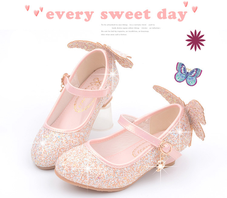 New Kids Leather Shoes Fashion Fringed Butterfly Knot Girls Princess Shoes Casual Glitter Children High Heel Student Dance Shoes