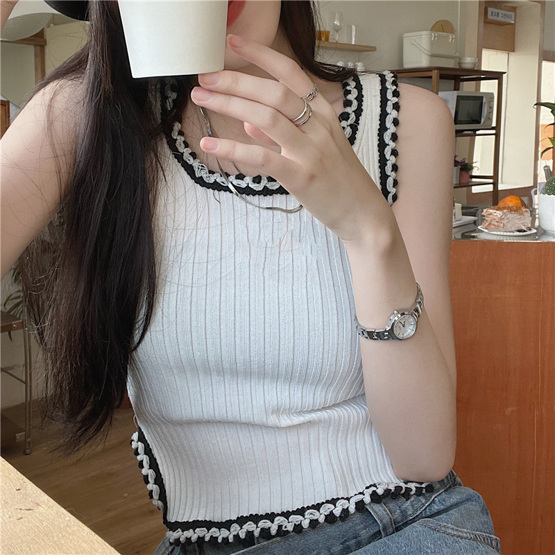 1pc Knitted Slim Summer Camisole Crop Top Girls Patched Crocheted O Neck Sleeveless Tees