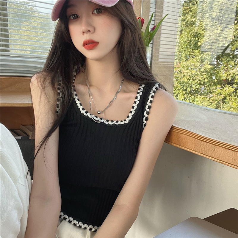 1pc Knitted Slim Summer Camisole Crop Top Girls Patched Crocheted O Neck Sleeveless Tees