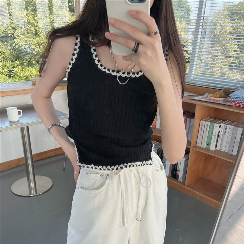 1pc Knitted Slim Summer Camisole Crop Top Girls Patched Crocheted O Neck Sleeveless Tees