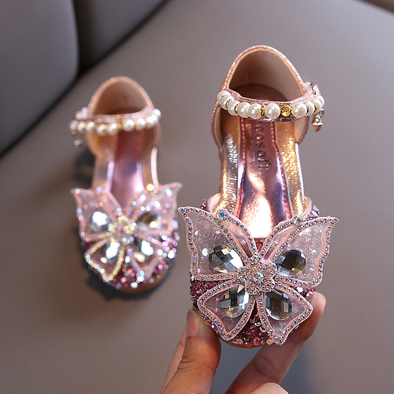 2023 New Children's Party Wedding Children Shoes Sequin Lace Bow Kids Shoes Cute Pearl Princess Dance Single Casual Girls Shoe Toddler Girls' Shoes  Sandals