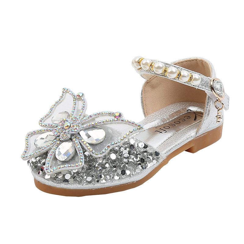 2023 New Children's Party Wedding Children Shoes Sequin Lace Bow Kids Shoes Cute Pearl Princess Dance Single Casual Girls Shoe Toddler Girls' Shoes  Sandals