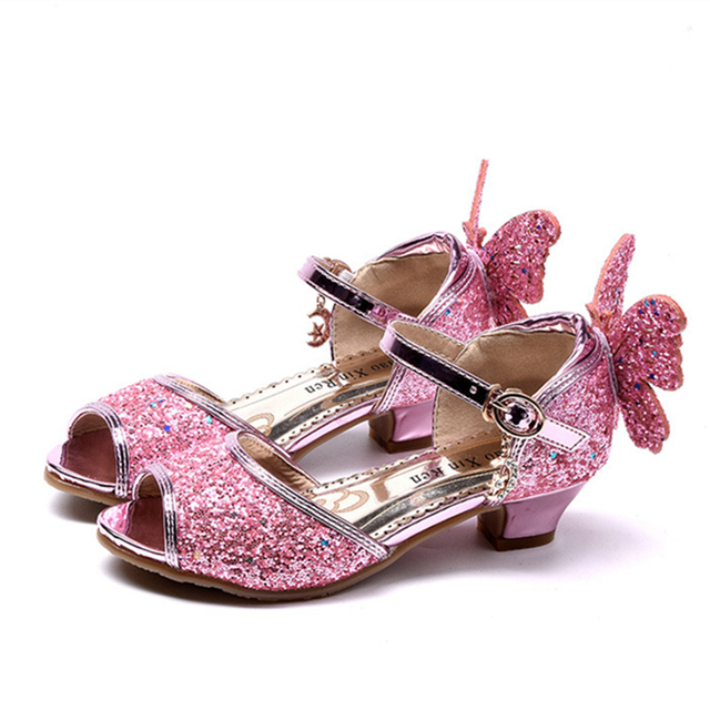 Princess Girls Sandals Kid Butterfly Diamond High Heel Children Glitter Latin Dance Sequins Shoes Summer Girl Party Crystal Shoe KidsBaby Shoes   Girls' Shoes  Sandals