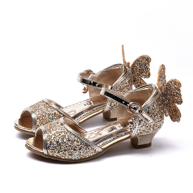 Princess Girls Sandals Kid Butterfly Diamond High Heel Children Glitter Latin Dance Sequins Shoes Summer Girl Party Crystal Shoe KidsBaby Shoes   Girls' Shoes  Sandals