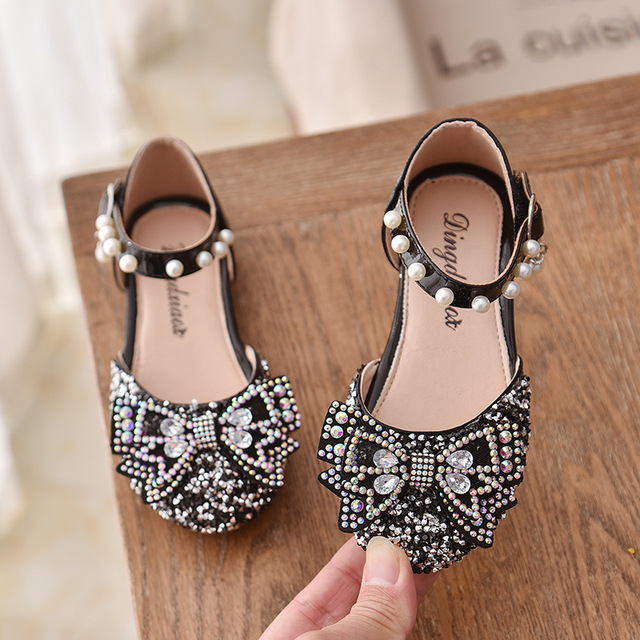 Girls Sequin Lace Bow Kids Shoes Girls Cute Pearl Princess Dance Single Casual Shoe 2021 New Children's Party Wedding Shoes Sandals
