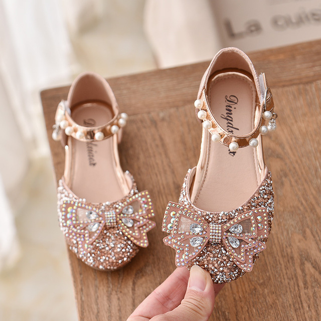 Girls Sequin Lace Bow Kids Shoes Girls Cute Pearl Princess Dance Single Casual Shoe 2021 New Children's Party Wedding Shoes Sandals