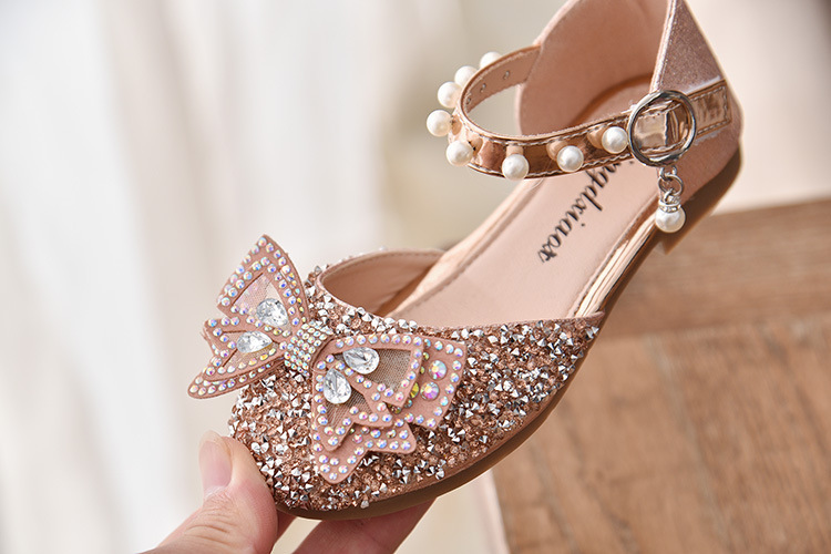 Girls Sequin Lace Bow Kids Shoes Girls Cute Pearl Princess Dance Single Casual Shoe 2021 New Children's Party Wedding Shoes Sandals