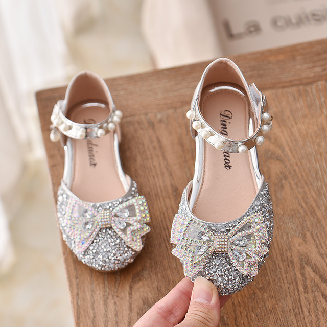Girls Sequin Lace Bow Kids Shoes Girls Cute Pearl Princess Dance Single Casual Shoe 2021 New Children's Party Wedding Shoes Sandals