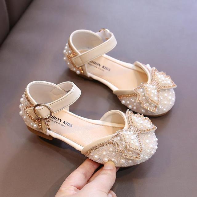 Girls Princess Sandals 2022 Summer New Baby Pearl Rhinestones Bow Single Shoes Fashion Non-slip Flat Children's Shoe E963 Sandals Girls' Shoes