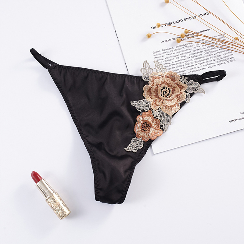 3pcs  Sexy Thong Heavy Silk Embroidered Flower Adjustable Ribbon Breathable Soft Women's Panties