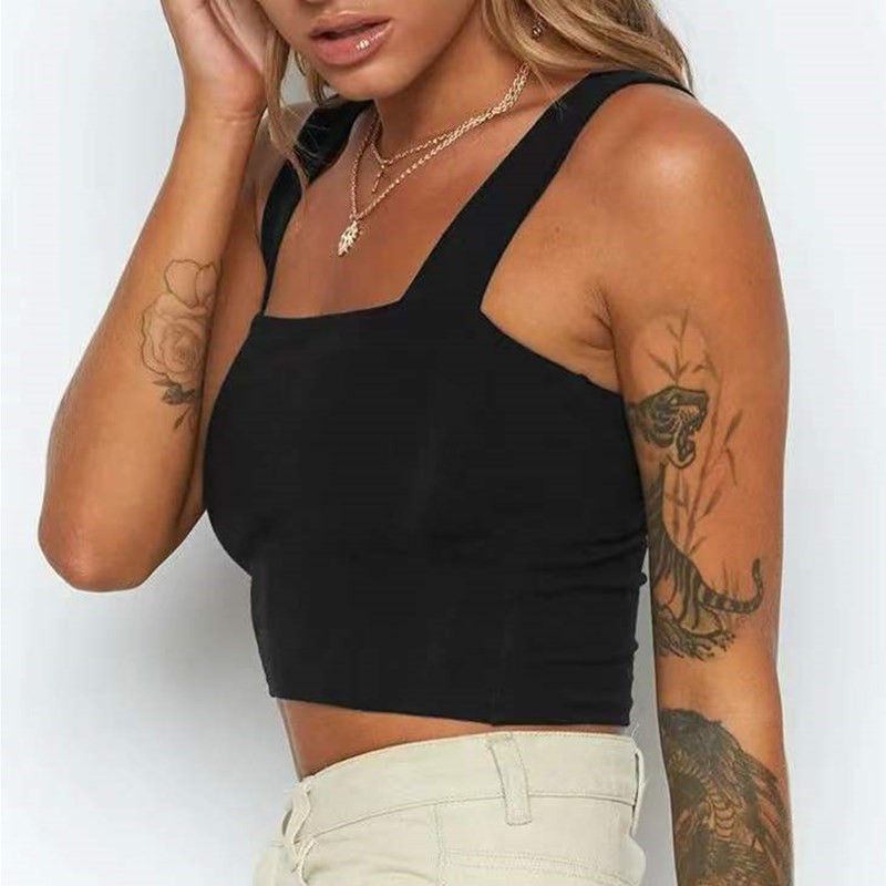 1pc Fashion Square Neck Sleeveless Summer Crop Top White Women Black Casual Basic T Shirt Off Shoulder Cami Sexy Backless Tank Top