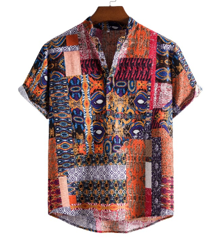 Linen Short Sleeve Shirt Men Summer Floral Loose Baggy Casual Hawaii Holiday Beach Shirt Tee Tops Buttons Blouse National Style