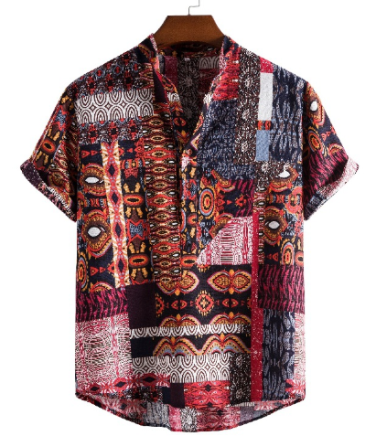 Linen Short Sleeve Shirt Men Summer Floral Loose Baggy Casual Hawaii Holiday Beach Shirt Tee Tops Buttons Blouse National Style