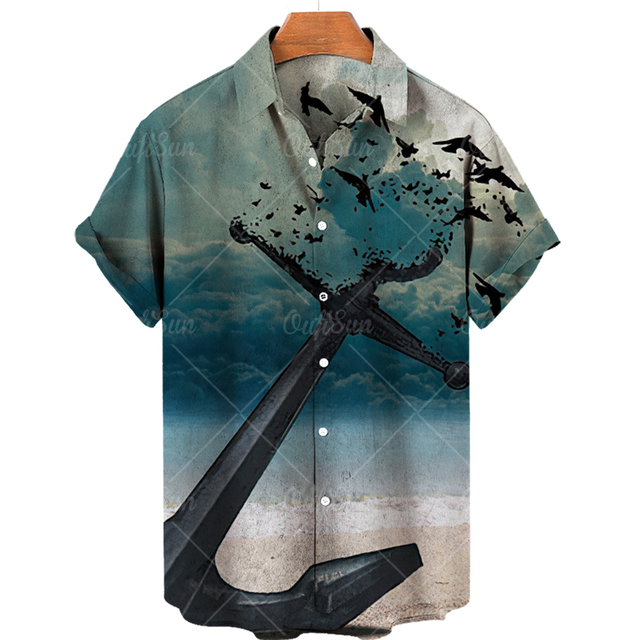 New Unisex Retro Men's Hawaiian Shirt Plus Size Shirt Sailboat Compass Marine 3d Print Retro Men's Shirt Loose Short Sleeve