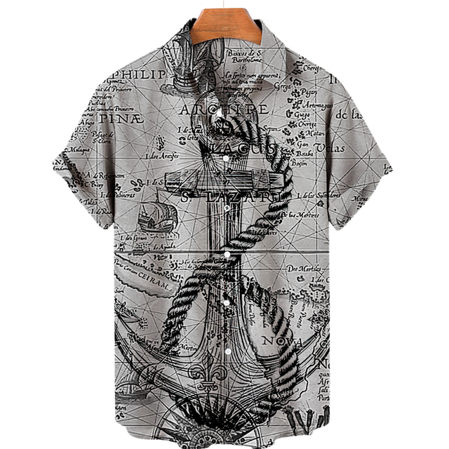 New Unisex Retro Men's Hawaiian Shirt Plus Size Shirt Sailboat Compass Marine 3d Print Retro Men's Shirt Loose Short Sleeve