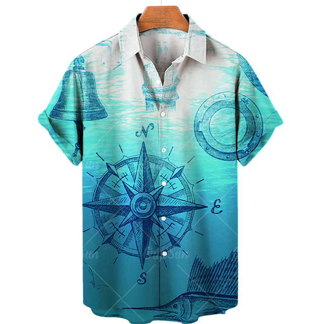 New Unisex Retro Men's Hawaiian Shirt Plus Size Shirt Sailboat Compass Marine 3d Print Retro Men's Shirt Loose Short Sleeve