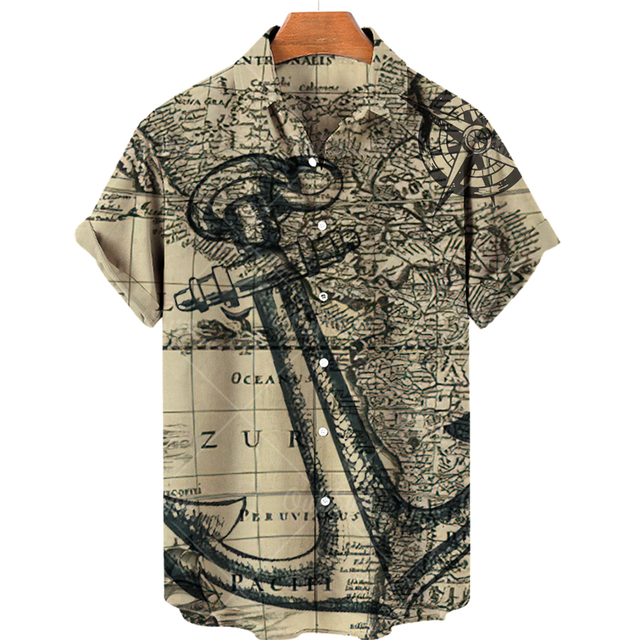 New Unisex Retro Men's Hawaiian Shirt Plus Size Shirt Sailboat Compass Marine 3d Print Retro Men's Shirt Loose Short Sleeve