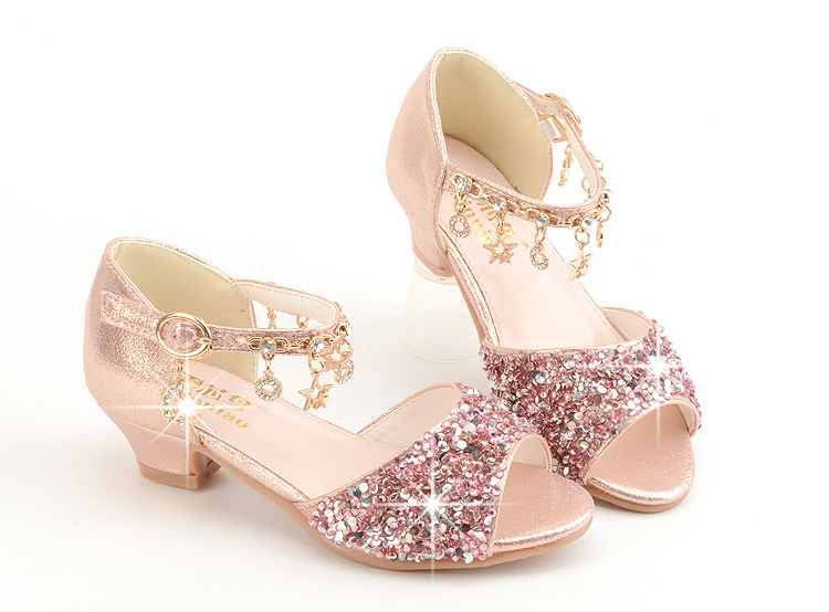 Girls Sandals Children Crystal Shoes 2022 Summer Kids Glitter Shoes High Heels Sequined Rhinestone Pendants Open Toes Princess Shoes Sandals