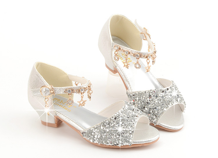 Girls Sandals Children Crystal Shoes 2022 Summer Kids Glitter Shoes High Heels Sequined Rhinestone Pendants Open Toes Princess Shoes Sandals